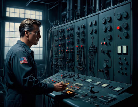 A focused technician operates a complex control panel with numerous buttons and indicators in a dimly lit industrial setting, highlighting precision and expertise.. AI Generationの素材