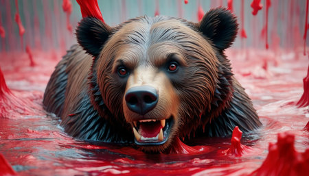 Vivid portrayal of a bears head submerged in a sea of glistening red liquid, eyes wide and mouth open.. AI Generationの素材