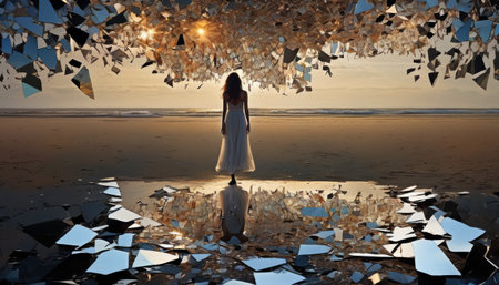 A surreal scene featuring a woman in a white dress under a sky exploding into mirror shards on a serene beach.. AI Generationの素材