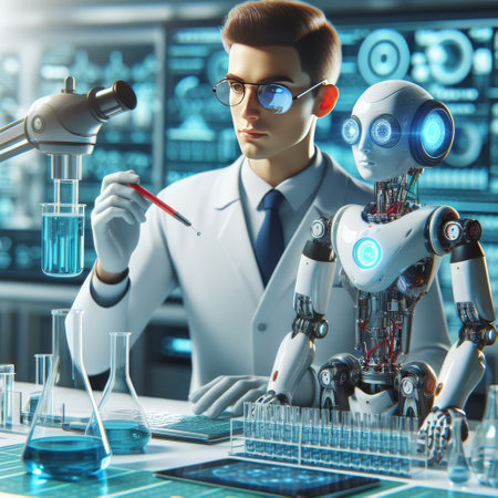 A human scientist collaborates with a humanoid robot in a futuristic laboratory. The scene captures the integration of AI technology in scientific research, with both working on a blue liquid experiment.. AI Generationの素材