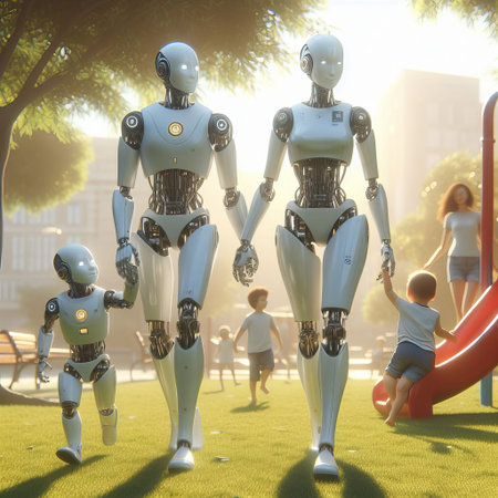 A robot family, featuring a young child robot, strolls through a park on a bright day. Human families and children are visible, creating a scene of coexistence between advanced AI and people in a serene park setting.. AI Generationの素材