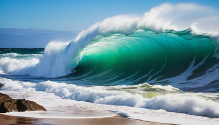 A powerful image capturing a large ocean wave as it crashes onto the shore The turquoise water and white foam create a stunning contrast, evoking the raw power and beauty of the sea Ideal for coastal and marine themes, as well as nature and adventure concepts. AI Generationの素材