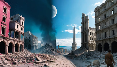A dramatic split image of a ruined city, half illuminated by a clear blue day sky and half under a dark night sky, symbolizing contrast and duality. The scene captures both destruction and tranquility.. AI Generationの素材