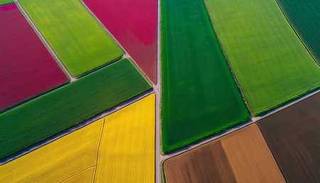 An aerial view showcasing a vibrant patchwork of colorful fields, with green, yellow, red, and brown sections creating a striking pattern. The neatly divided agricultural plots highlight the beauty of cultivated land.. AI Generationの素材