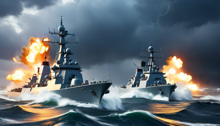 Two powerful naval warships fire their cannons amid stormy seas, with dark clouds and lightning in the background. The image captures the ferocity and power of naval warfare.. AI Generationの素材