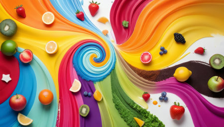 An abstract design of colorful waves interspersed with fruits like apples, oranges, and berries creating a vibrant, artistic representation of healthy food.. AI Generationの素材