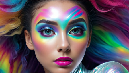 Close-up portrait of a model with dramatic, colorful makeup and rainbow-colored hair, capturing a bold, artistic look.. AI Generationの素材