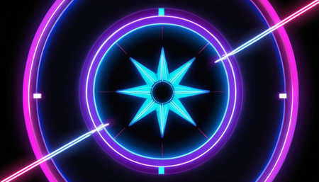 Striking neon starburst design with blue and pink hues on a black background, creating a futuristic and vibrant visual effect. Ideal for tech, sci-fi, and modern design projects.. AI Generationの素材