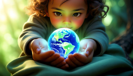 A magical scene of a young child cradling a glowing Earth globe in their hands amidst a softly lit forest background.. AI Generationの素材