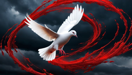 A white dove soars gracefully surrounded by a dramatic red swirl, set against a dark, stormy backdrop. This striking image evokes themes of peace and turmoil, ideal for impactful visual storytelling.. AI Generationの素材