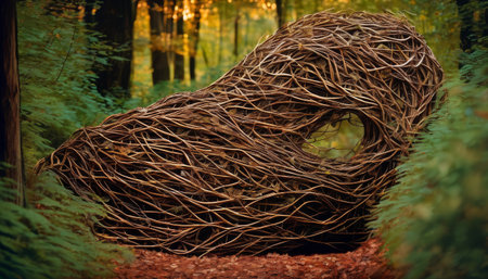 A serene scene of a natural arch made from twigs, set in a vibrant forest, blending art with nature in a seamless and organic manner.. AI Generationの素材