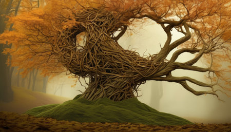 A large tree with intertwined branches forms a perfect heart shape amid an autumnal forest, shrouded in a gentle mist.. AI Generationの素材