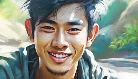 Artistic portrait of a joyful Asian man with a beaming smile, set against a blurred natural background.. AI Generationの素材