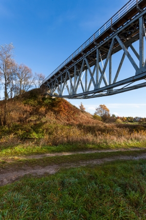 Truss railroad bridge over the river Radunia, Poland の写真素材