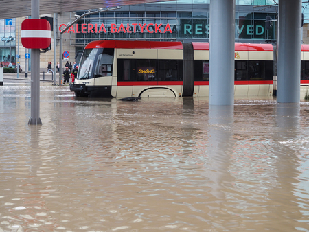 Gdansk - July 15: Flooded streets after heavy rains, 2016 July 15 in Gdansk, Polandのeditorial素材
