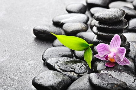 zen stones and pink orchid in the waterの写真素材