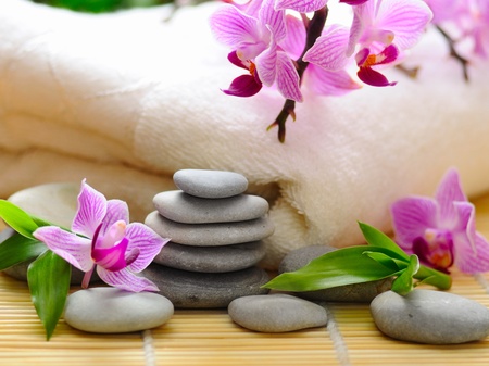 spa concept with zen stones and flowerの写真素材