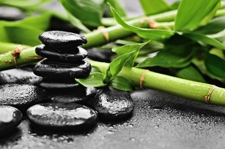 zen basalt stones and bamboo with dewの写真素材