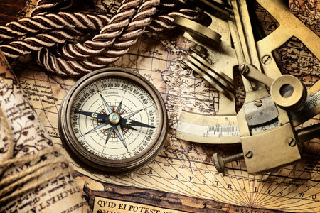 vintage  still life with compass,sextant and old map