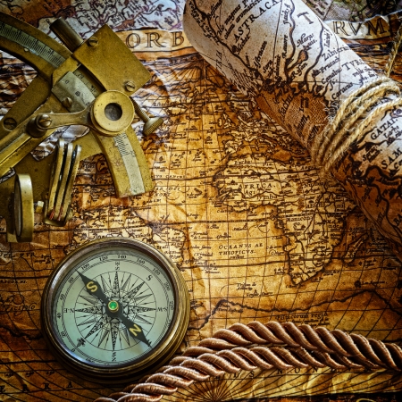 vintage  still life with compass,sextant and old mapの写真素材