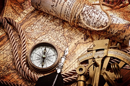 vintage  still life with compass,sextant and old mapの写真素材