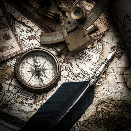vintage  still life with compass,sextant and old mapの写真素材