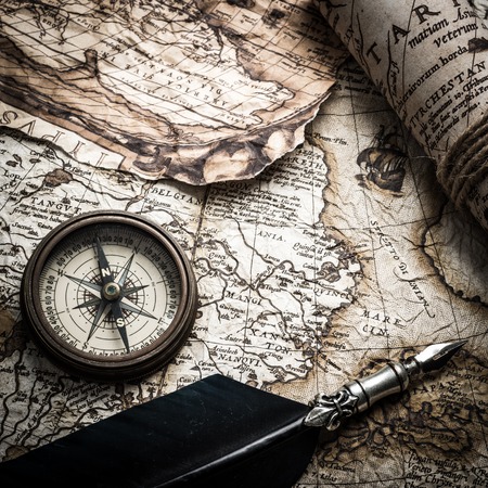 vintage  still life with compass,sextant and old mapの写真素材