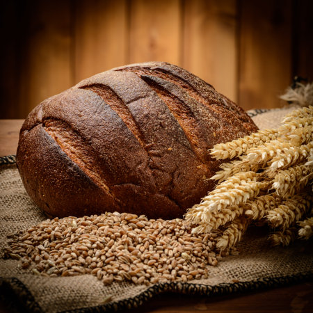 fresh bread  and wheat on the wooden