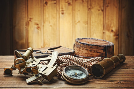 vintage  still life with compass,sextant and spyglassの写真素材