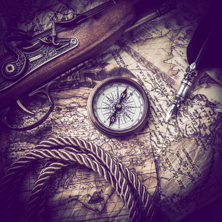 vintage  still life with compass,sextant and spyglass .Vintage toneの写真素材