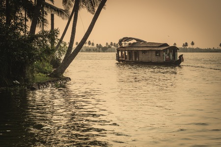 Traditional Indian house boat .Kerala .Vintage toneの写真素材