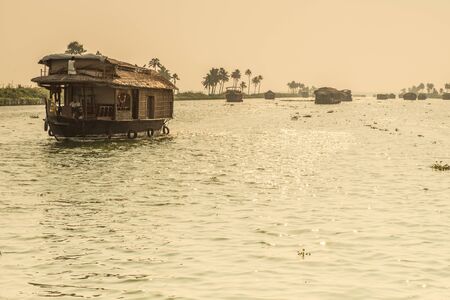 Traditional Indian house boat .Kerala .Vintage toneの写真素材