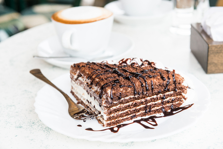 close-up chocolate cake served on the plateの写真素材