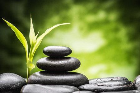 still life with zen basalt stones and bambooの写真素材