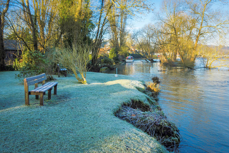 Frosty bench and lawn on the banks of the River Thamesの写真素材