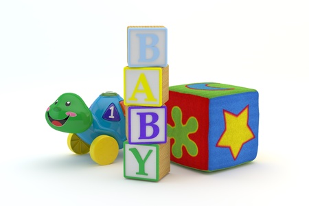 Wood toy blocks spelling baby with baby toys in background isolated on a white background 3d Model, 300 D.P.I の写真素材