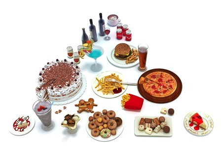 Concept food pyramid of unhealthy food groups that is consumed everyday isolated on a white background, 300 D.P.I Concept food pyramid of unhealthy food groups that is consumed everyday isolated on a white background, 300 D.P.I