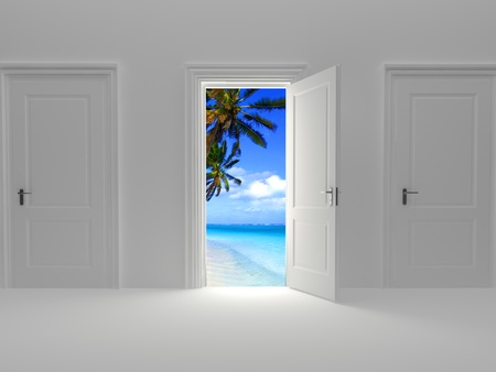 Door to paradise, beautiful island view behind an open door concept. の写真素材