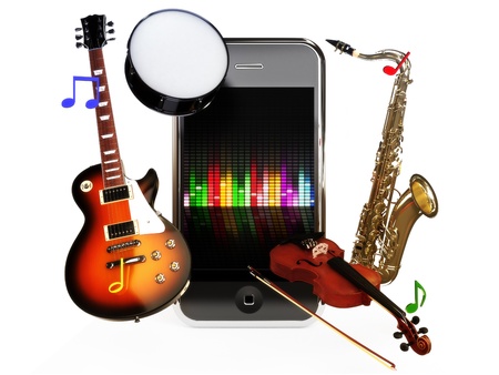 Smartphone music, various instruments coming from a smartphone concept on a white background の写真素材