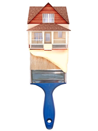 House painting concept  House on top of a blue paintbrush with paint dripping down  の写真素材
