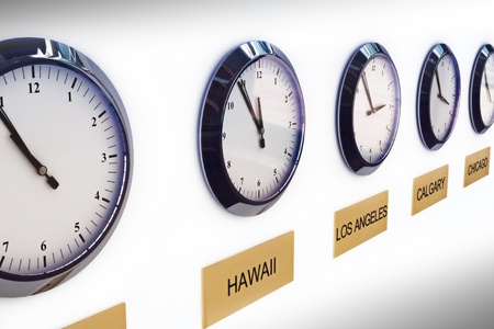 Timezone clocks showing different times of world locations