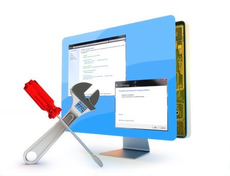 abstract 3d illustration of computer repair service concept on a white background の写真素材