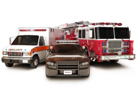 First responder vehicles, ambulance, police, and firetruck on a white background  3d custom models with custom decalsの写真素材
