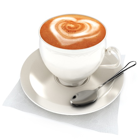 Coffee latte with heart design on a white background  の写真素材