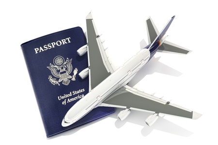 Jet aircraft with passport traveling abroad conceptの写真素材