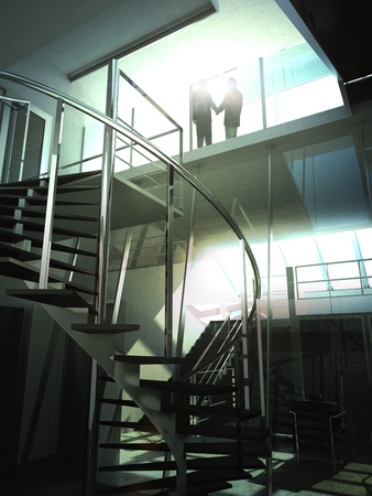 Business handshake with modern interior. 3d model sceneの写真素材