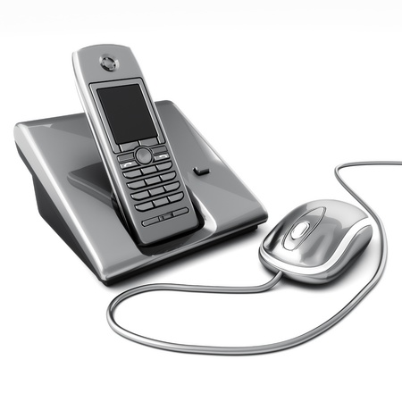 Click or call contact us concept  Computer mouse with telephone  3d image の写真素材