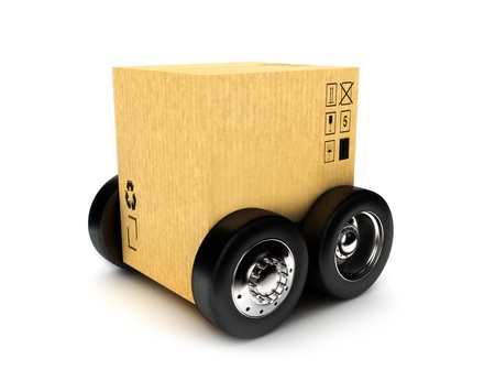 Cardboard box on wheels, moving or package transporting concept の写真素材