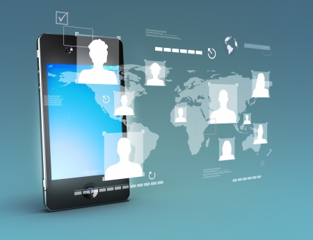 Modern media touch screen technology,smartphone connecting information to the world concept  Photo realistic 3d image sceneの写真素材
