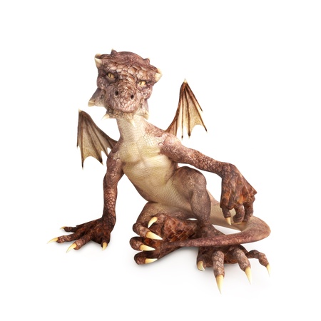 Baby dragon sitting on a white background, part of a baby dragon series の写真素材